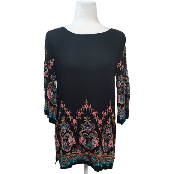 Karen Kane Tops - Karen Kane Black Embroidered Tunic Floral Top 3/4 Sleeve Made In USA Size M
